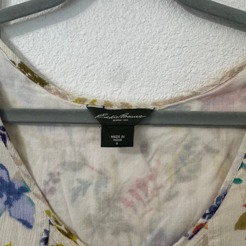 Eddie Bauer Womens Floral Cotton Empire Waist Cap Sleeve Dress Size 8 Cream Gorp - Picture 3 of 7
